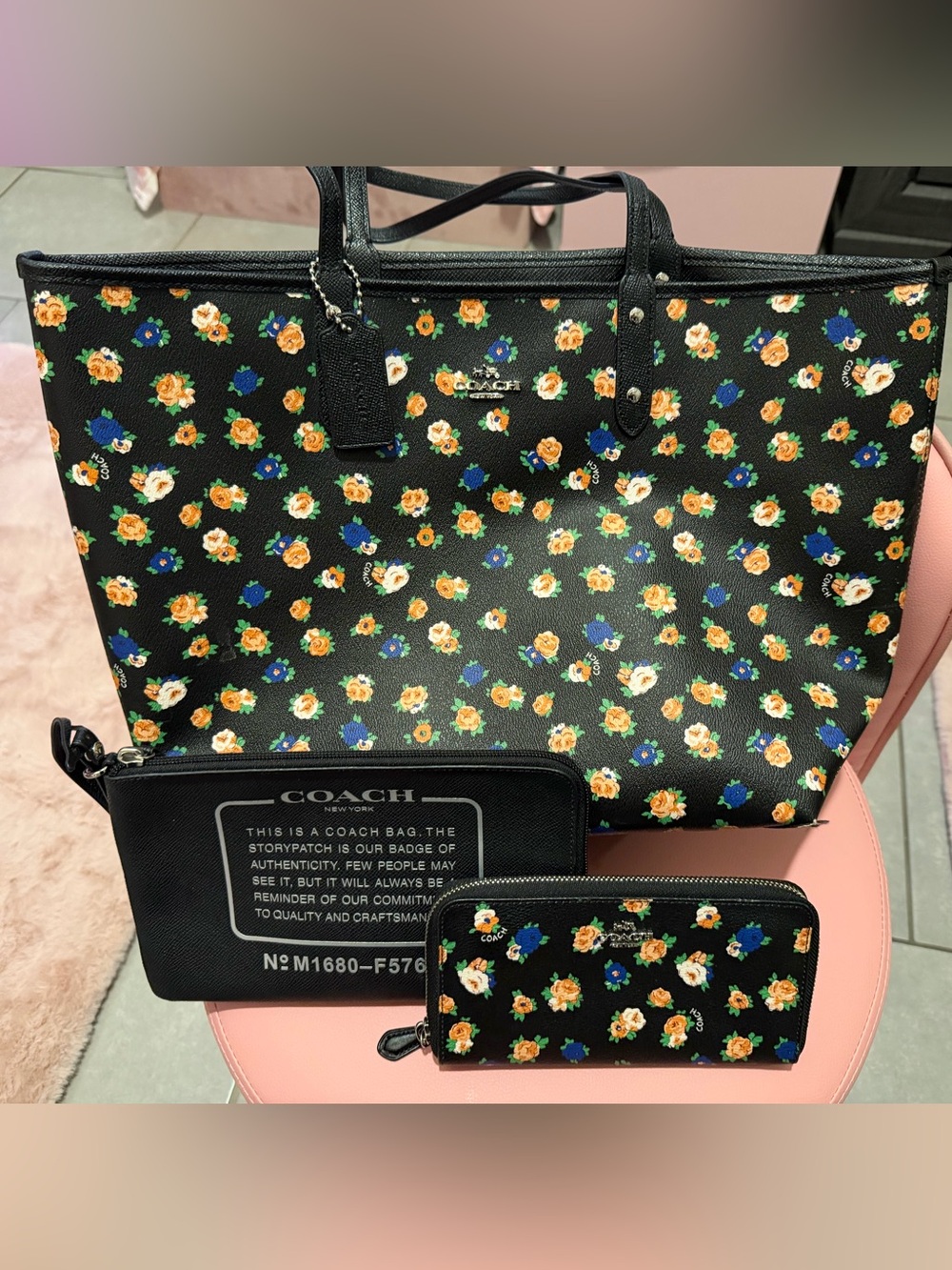 COACH Black Floral Print City Tote with Matching Pouch and Wallet